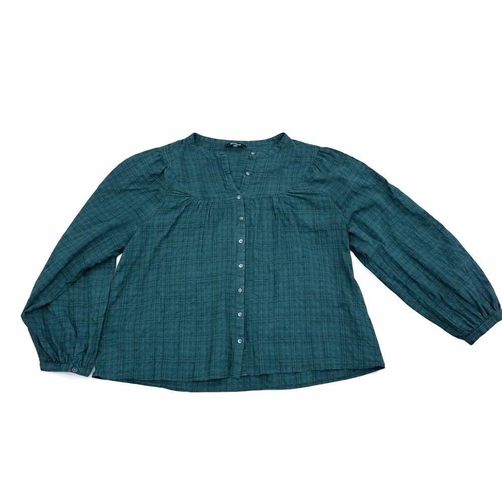 🌿 Madewell Plaid Balloon-Sleeve Peasant Top — Women’s Large - Picture 2 of 4